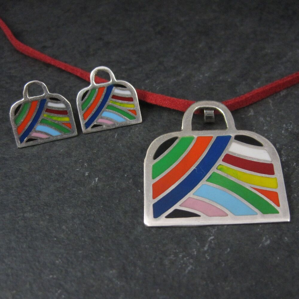 Vintage Enamel Sterling Handbag Pendant Necklace Earrings Jewelry Set
